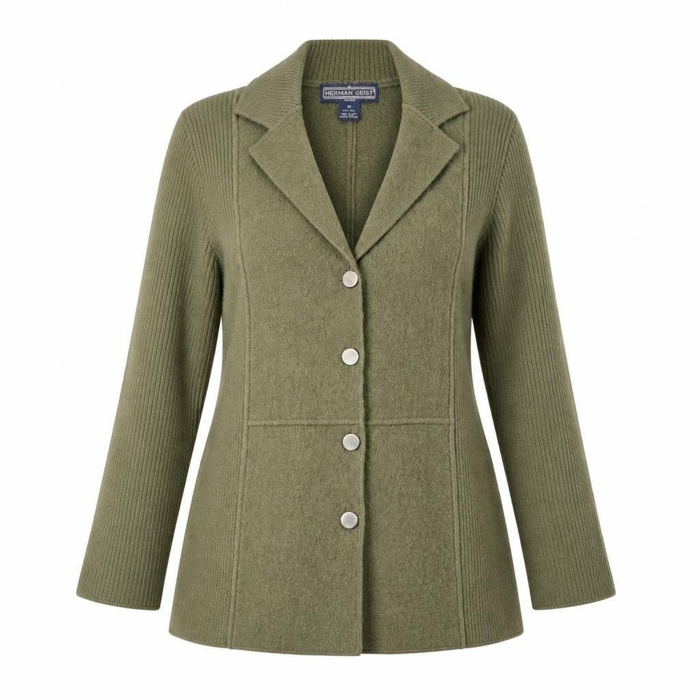 Herman Geist Cardigan Womens 2X Green 100% Wool Blazer Sweater Knit Collared